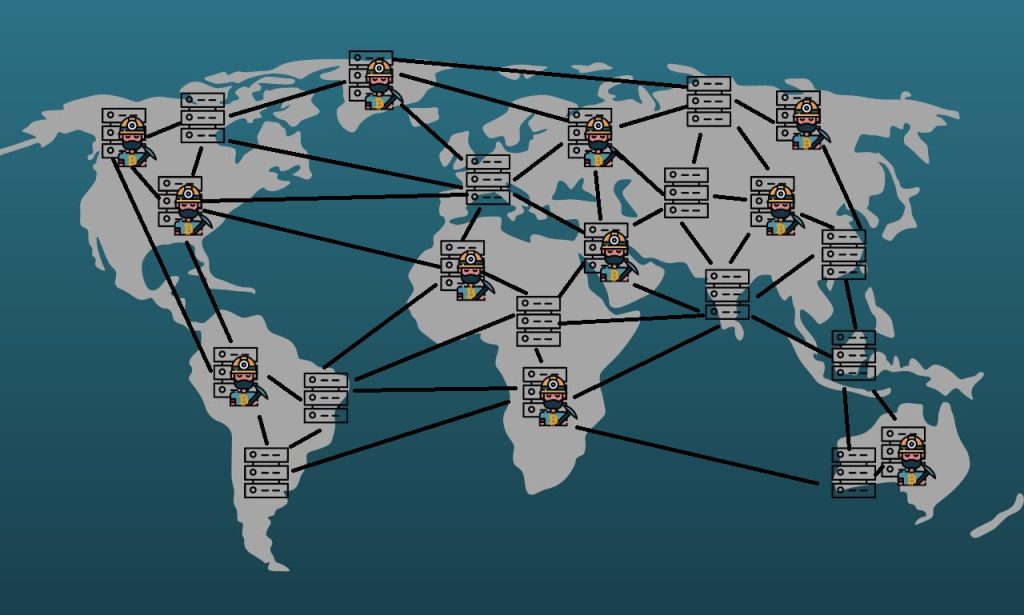 Représentation schématique des nœuds du réseau Bitcoin