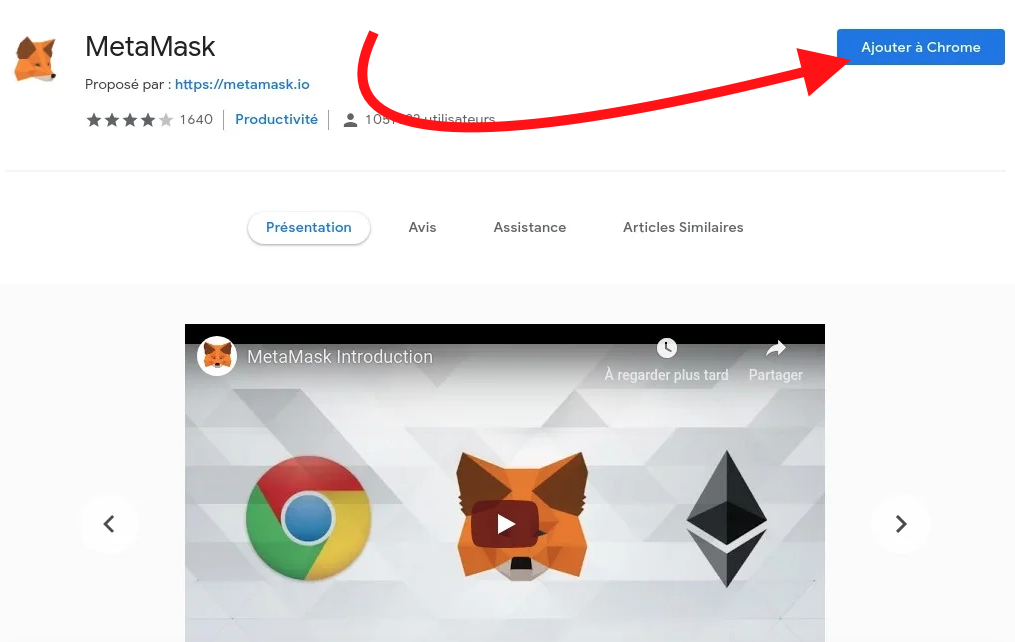 Capture du site Chrome store extension Metamask avec le bouton en haut à droite installer