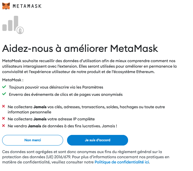Demande si vous voulez aider Metamask en collection vos données d'utilisation