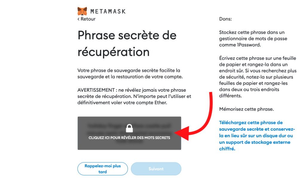 Metamask affiche la seed phrase à ne montrer à personne