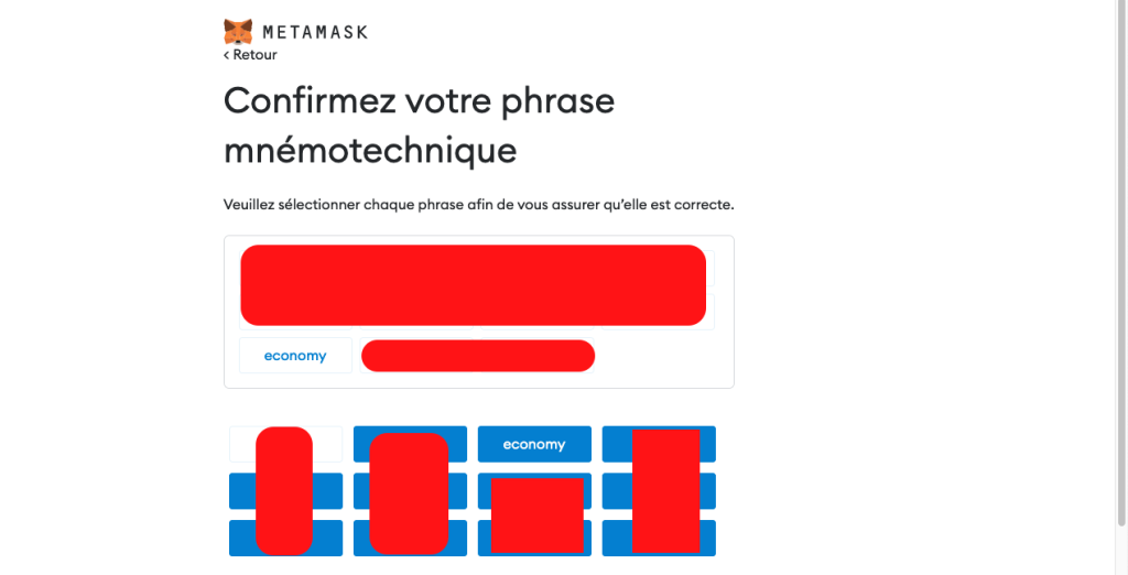 Confirmation de la seed en remettant les mots dans le bon ordre
