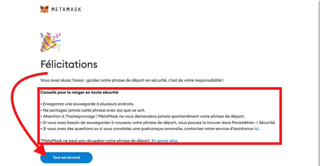 Message de félicitaiton d'avoir créer le wallet, cliquer sur terminé