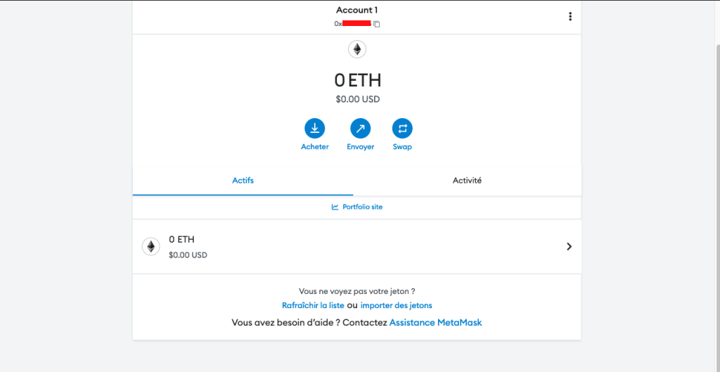 Interface du wallet avec le solde et les différentes actions possibles : envoyer, dépôt