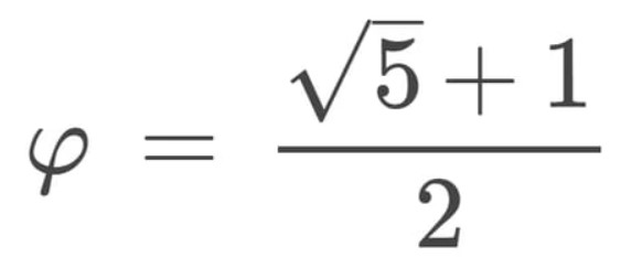 Formule du nombre d'or. psi est égale à la somme de 1 et de la racine de 5 le tout divisé par 2.