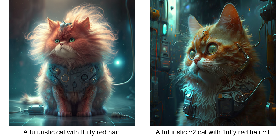 Exemple génération avec à gauche une photo d'un chat où on appuie pas sur le mot futiristic et à droite oui, le chat est beaucoup plus futuriste à droite
