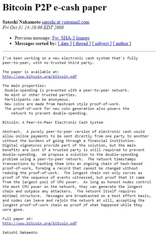 Mail de satoshi qui explique Bitcoin