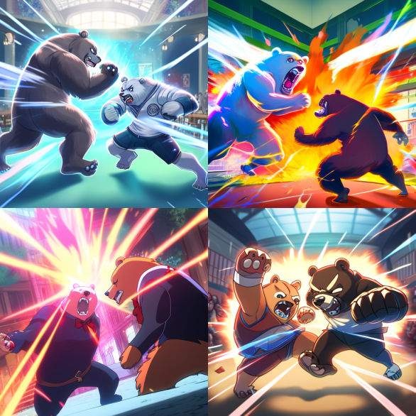 4 images d'ours en train de se battre en duel avec un style manga