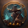 badge avec un taureau sorcier qui tient un baton magique