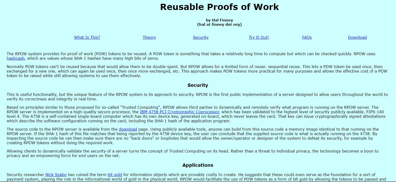 Capture d'écran du site Reusable Proofs of Work de Hal Finney