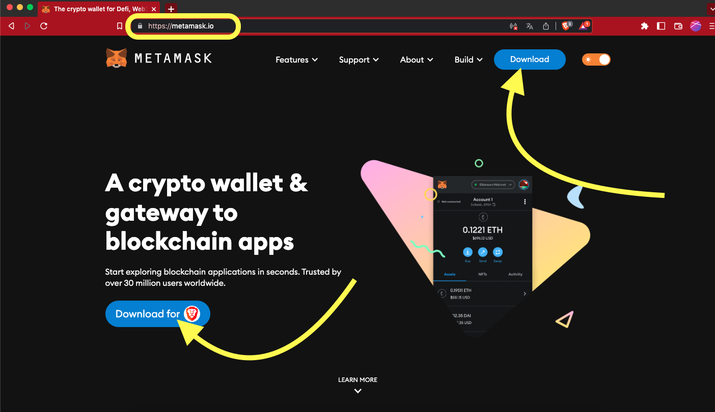 Capture d'écran du site metamask