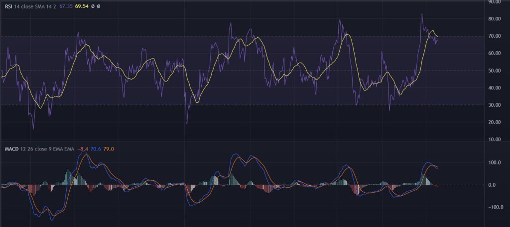 Deux graphiques superposés. Le RSI en haut et la MACD en bas