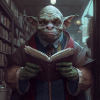 Un gobelin dans une bibliothèque, habillé avec un costume style gothique, il porte des lunettes et tiens un livre ouvert dans ses mains