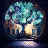 Un arbre dans une place centrale, les feuilles sont bleus comme les astres