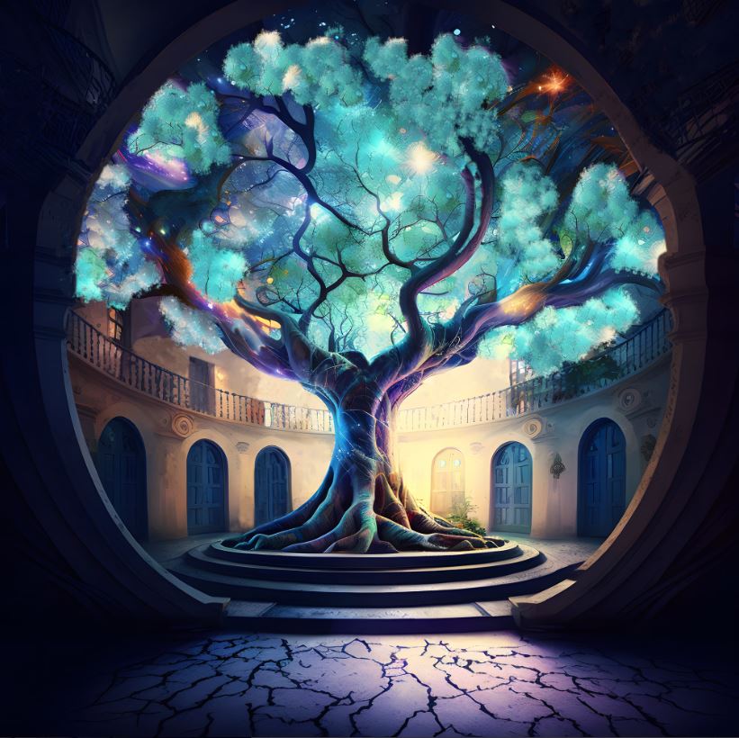 Un arbre dans une place centrale, les feuilles sont bleus comme les astres