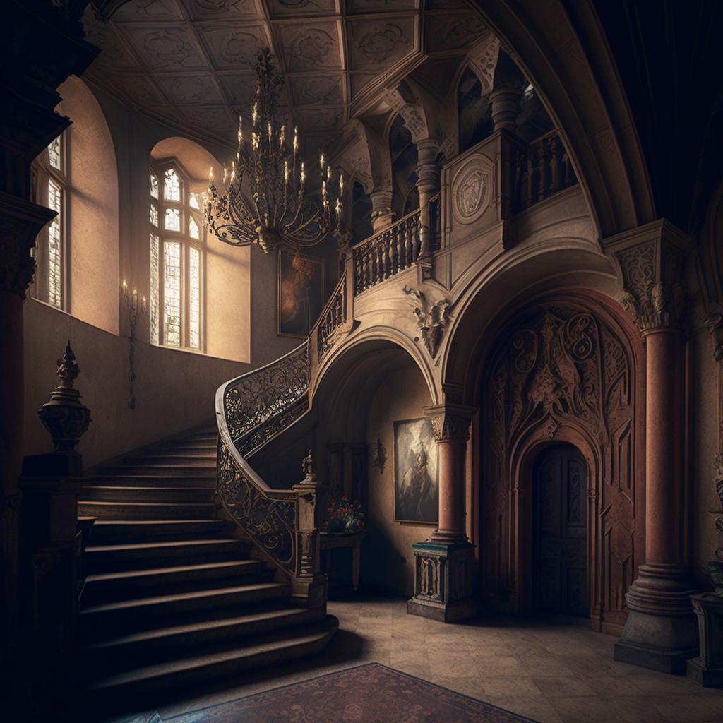 L'intérieur de Cryptocademia, un style gothique, des moulures, des vitraux, un grand escalier