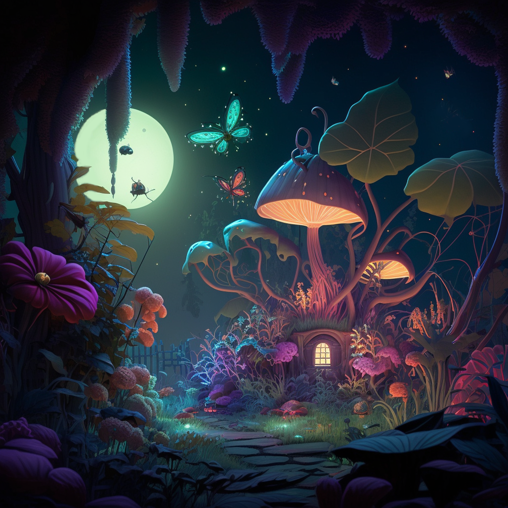 Le jardin de Cryptocademia, des plantes gigantestque, un clair de lune, gros papillons, champignons lumineux