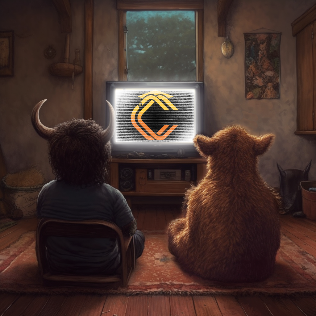 Un bear et un bull assis de dos qui joue aux jeux vidéos sur une télé. La télé montre le logo de Cryptocademia.