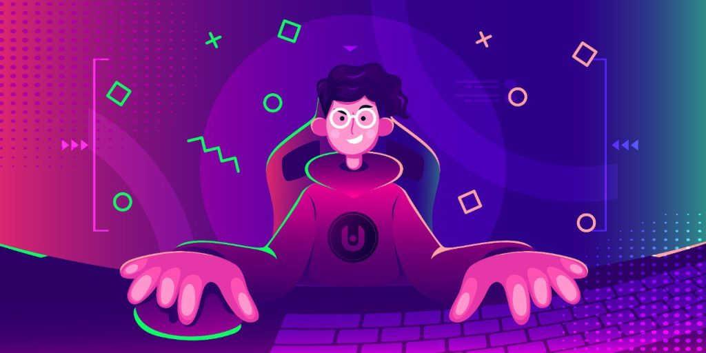 Un gamer de face devant son ordinateur dans un style animé