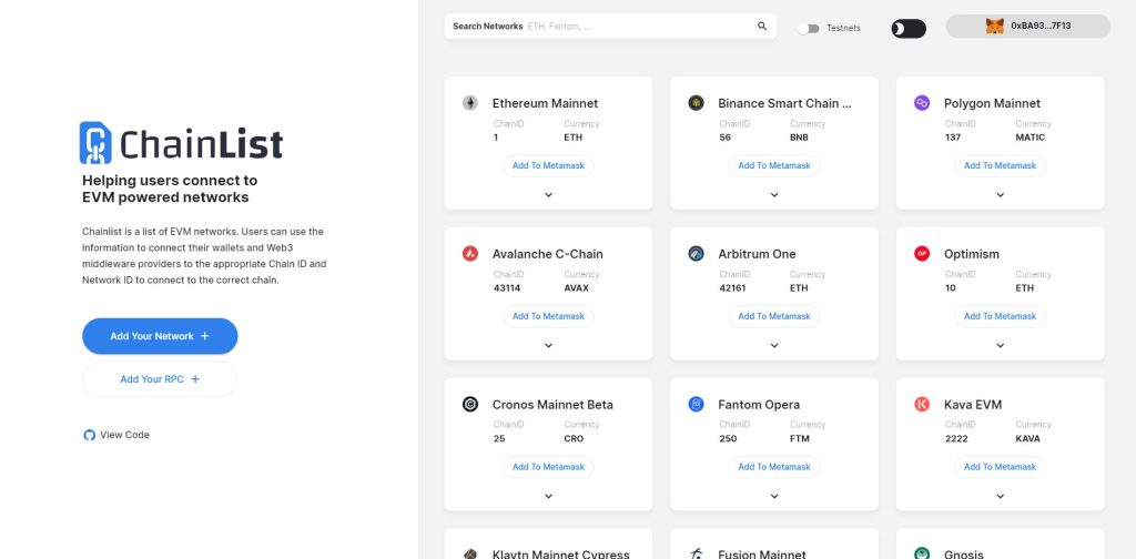 Première page du site chainlist.org avec les différentes blockchain présentées sur la droite de la page