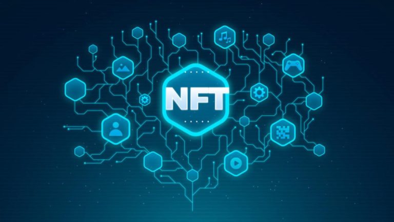 Une connection neuronale avec des gros ronds qui représentent des personnes et un rond central relié aux autres où il est écrit "NFT". L'intégralité de l'image est sur un ton bleu