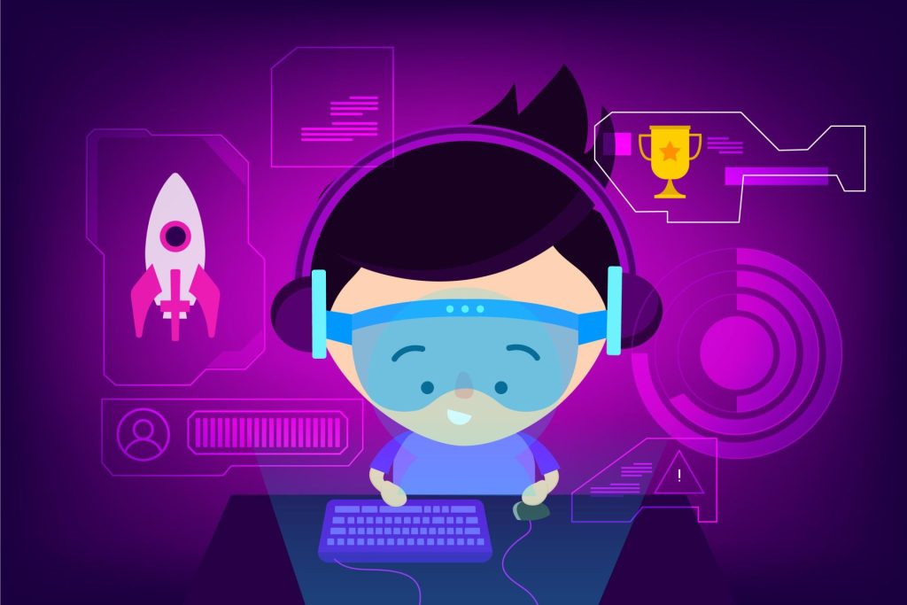 Une personne jouant à un ordinateur sur un fond violet