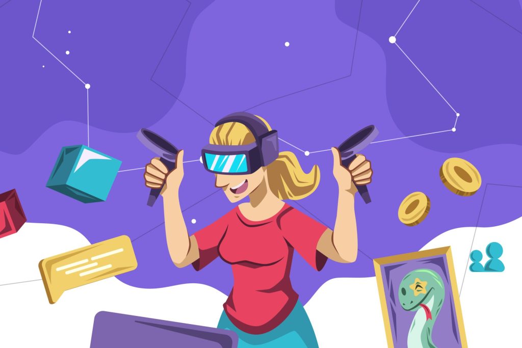 Une femme portant un casque VR qui s'amuse. Des pièces de monnaies, et goodies volent autour d'elle.