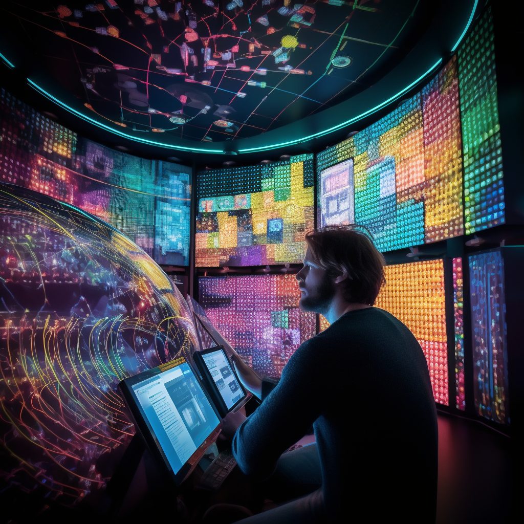 Une scène futuriste avec un joueur de jeu vidéo dans un space de jeux