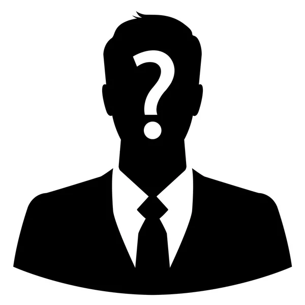 Profil d'une personne en cravate avec un gros point d'interrogation à la place du visage. Synonyme d'anonyme.