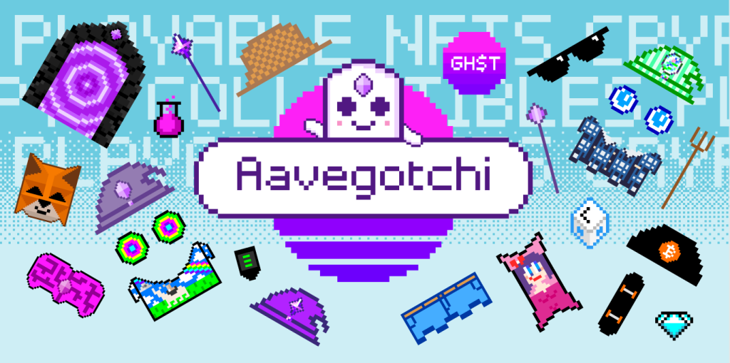 Une image sur fond cyan avec plein de petite images en avant dont le nom "aavegotchi"