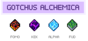 Les quatres éléments de l'achemica : FOMO ; KEK ; ALPHA ; FUD