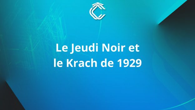 Ecrit en blanc sur fond bleu cyan : "Le jeudi noir et le krach de 1929"