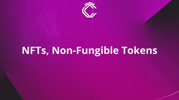 Written in white on a purple background: "NFTs, Non-Fungible Tokens"